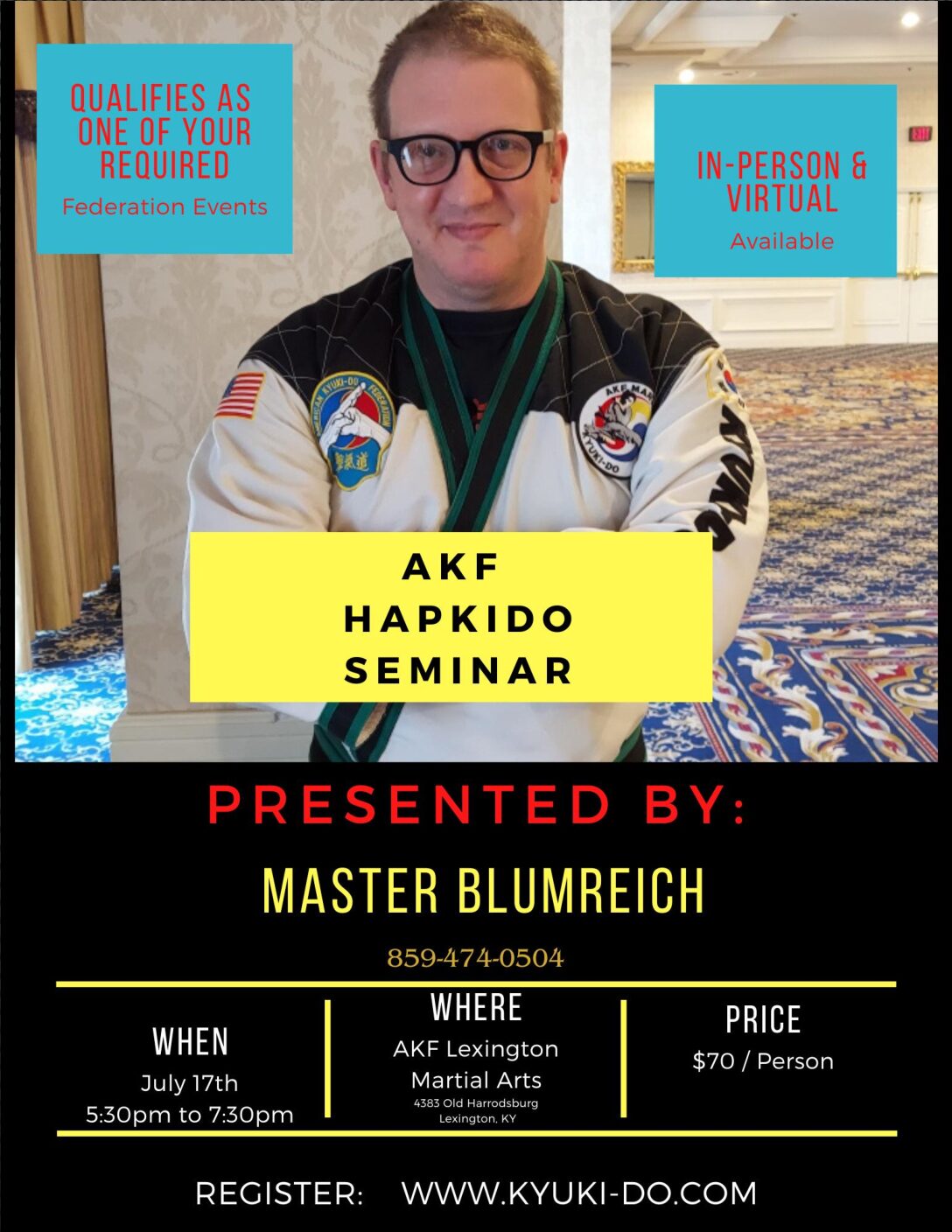 Event poster for Hapkido with Head Master Blumreich